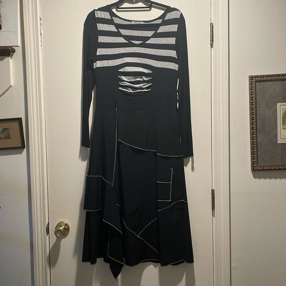 Dzhavael Couture Black Gray Designer Patchwork Stitching Asymmetrical Dress - Picture 1 of 14